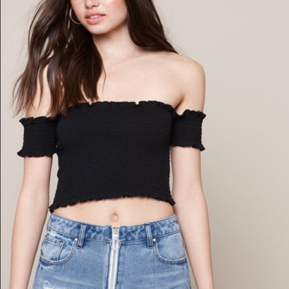 Me to we smocked off the shoulder crop top